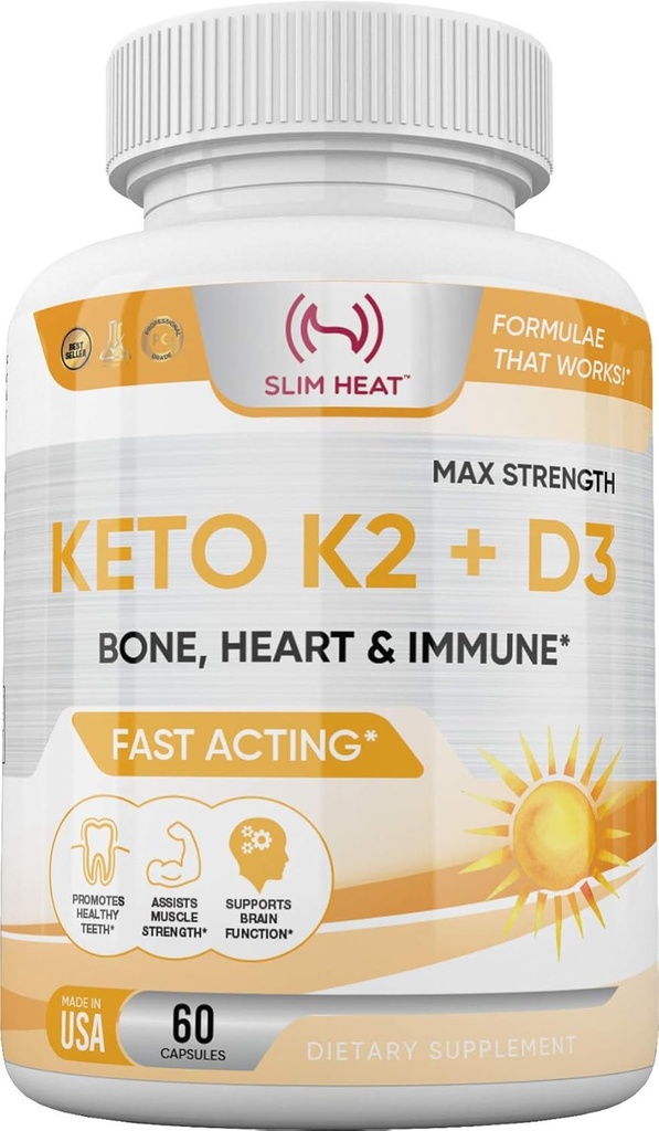 Vitamin K2 + D3 med calcium - ben, hjerte og immunformel - K2 D3 Vitamin supplement til kvinder og mænd - 60 kapsler