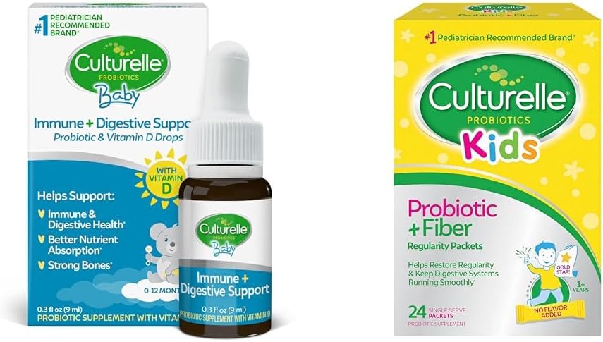 Culturelle Baby Immunitet & fordøjelsesstøtte Probiotika + D-vitamin dråber, 30 dages levering kids Probiotika + Fiber Pakninger, 24 Greve