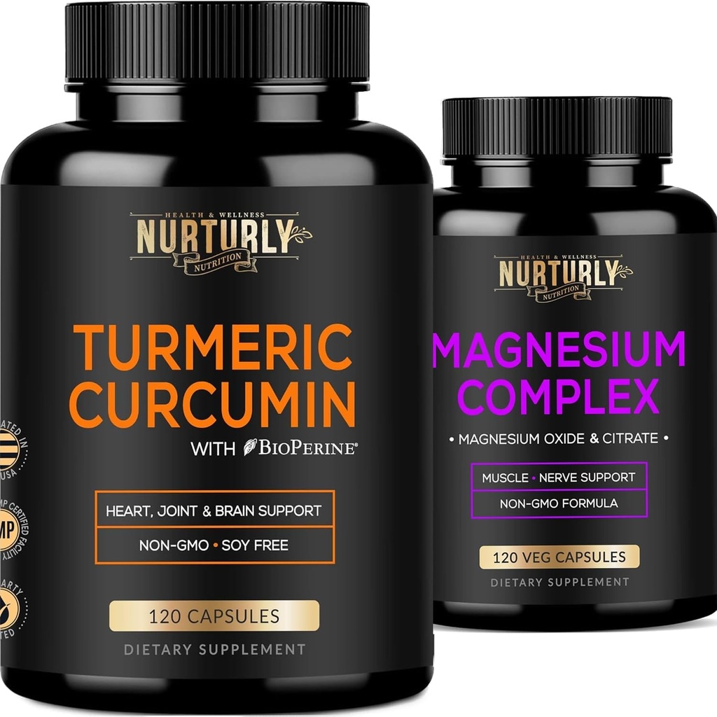 Magnesium Citrate & Oxide 500mg Complex Supplement and Turmeric Curcumin - High Absorption Maximum Strength - Turmeric Supplements for Joint, Hearth Health