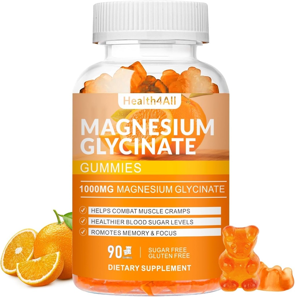 Magnesium Glycinate Gummies 1000mg, High Absorption Sugar Free Magnesium Kalium supplement til afslapning, stress Relief, og søvn støtte til voksne & børn - 90 Orange Gummies