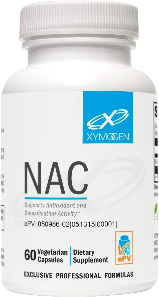 XYMOGEN NAC N- Acetyl- Cysteine 600mg - Kardiovaskulær, Antioxidant, Lever Detox + immunsupportsupplement - Understøtter Glutathion Syntese - Non- GMO NAC supplement (60 kapsler)