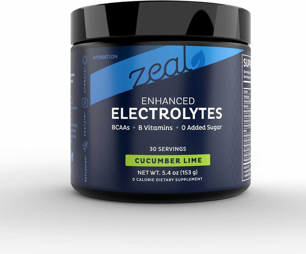 Zeal Electrolyte Powder Recovery Drink (30 Servere} 124; Cuckumber Lime) w 0 Sukker + BCAAs + B- Vitaminer Electrolyte Supplement w Kalium Zink & Magnesium