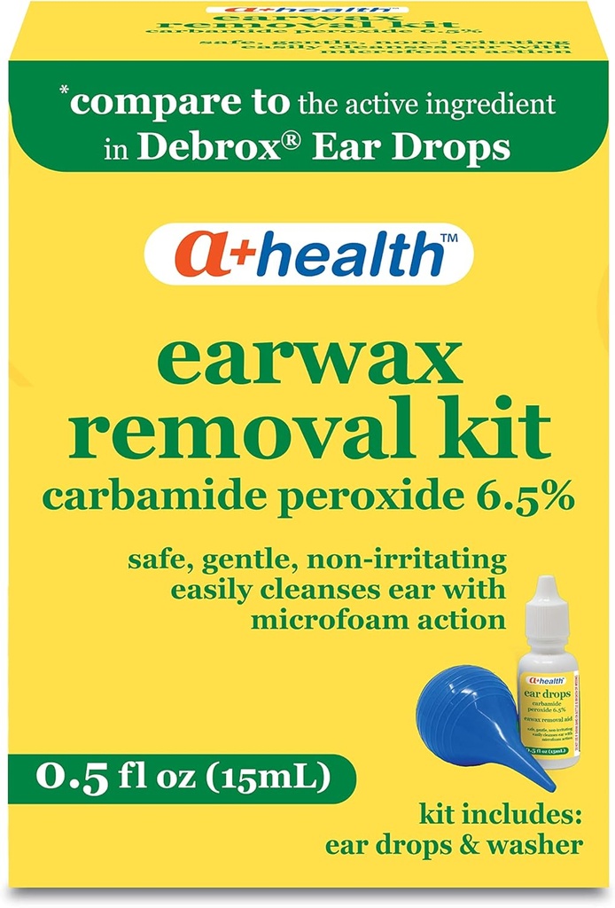 A + Sundhed Earwax Removal Kit, Carbamid Peroxid 6,5%, Lavet i USA, Drops og Ear Bulb Syringe, 0,5 Ounces
