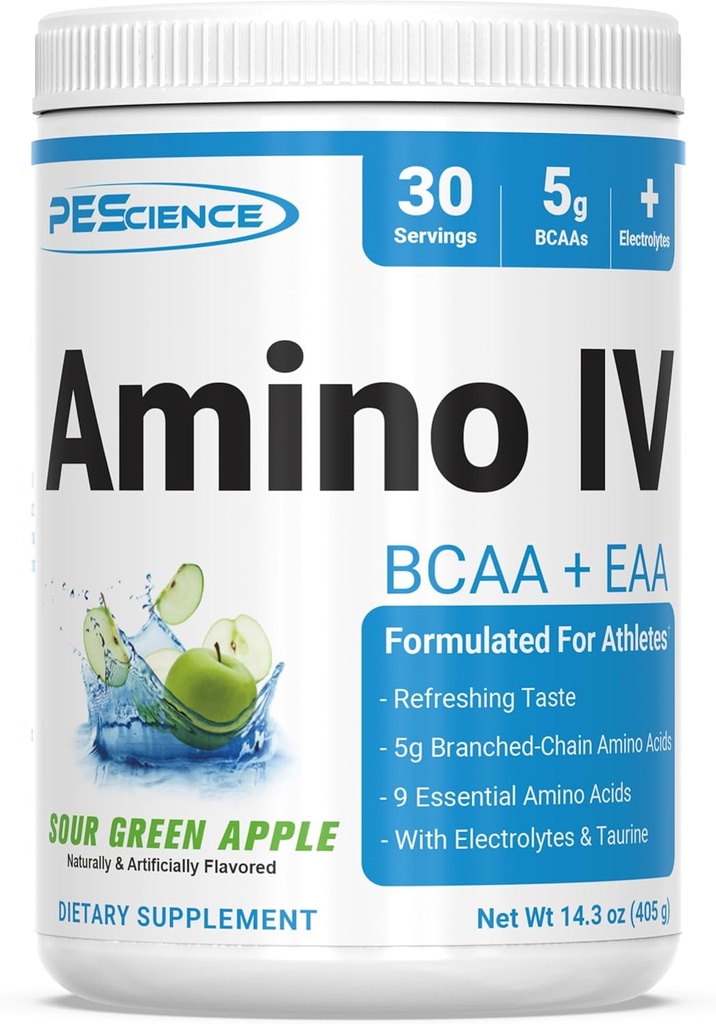 PEScience Amino IV BCAA & EAA Powder, Essential Aminosyrer, Taurine, Elektrolytter til hydrering og muskel Inddrivelse, Sukker fri for mænd og kvinder, Post træning - Sour Green Apple - 30 Servering