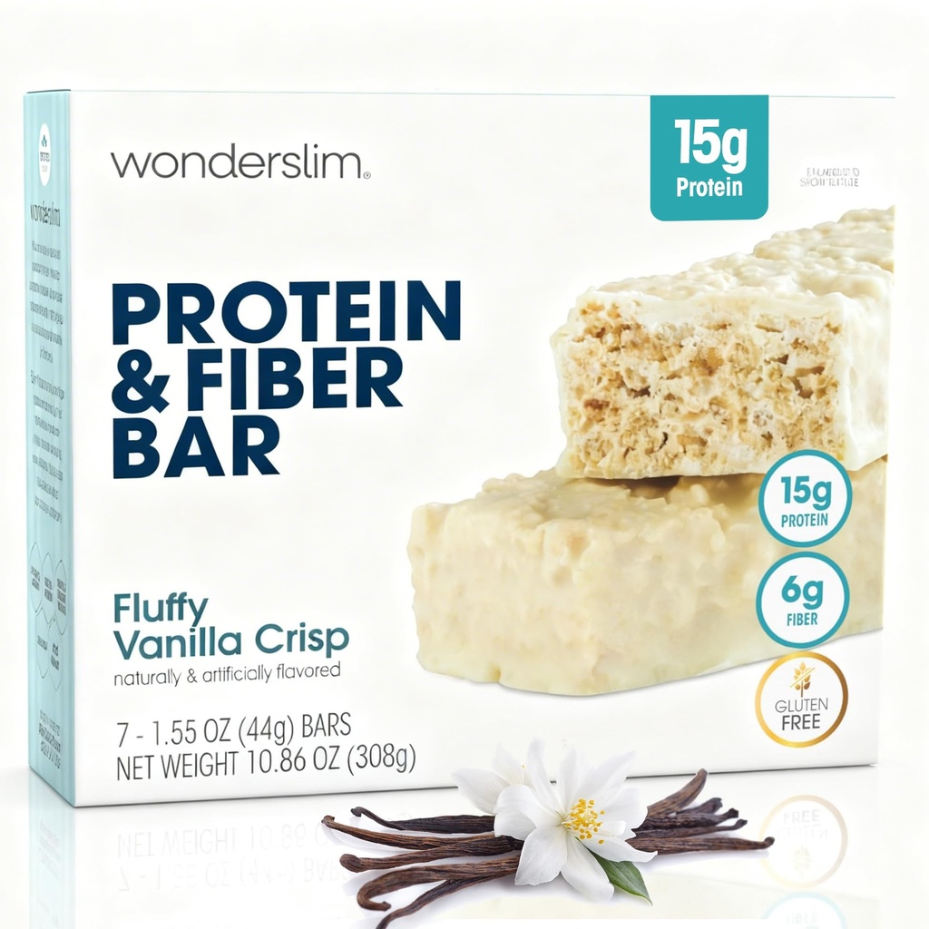 Wonderslim High Fiber Protein Bars, Fluffy Vanilla Crisp 124; 15g Protein, 6g Fiber Shuck 124; Low Sugar, Low Carb Bars 124; Sund Indulgence Shuttle 124; Tilfredsstillende, Støtter Energi & On- the- Go Convenience, 7 Pack