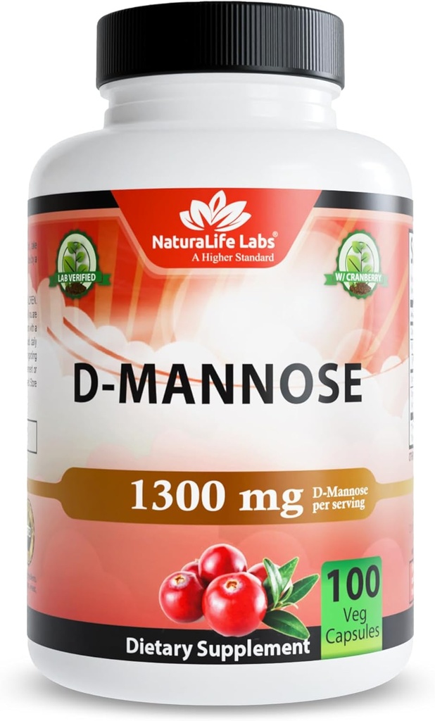 NaturaLife Labs Organic D- Mannose 1300 mg med Organic Cranberry Extract 100 mg per servering - 100 kapsler - Non- GMO, Gluten- Free, Vegan