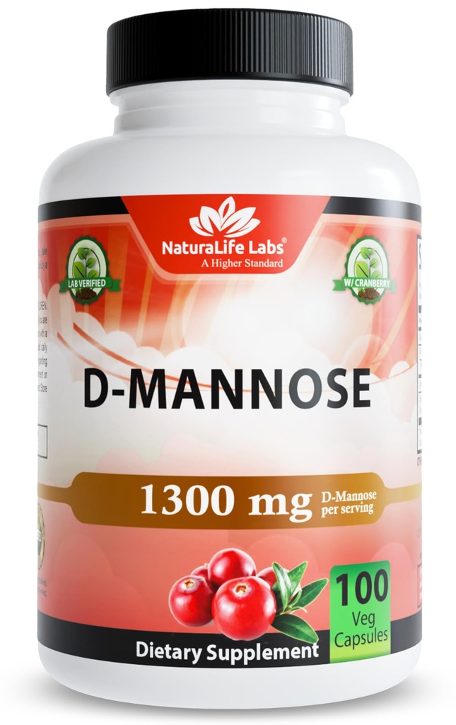 NaturaLife Labs Organic D- Mannose 1300 mg med Organic Cranberry Extract 100 mg per servering - 100 kapsler - Non- GMO, Gluten- Free, Vegan