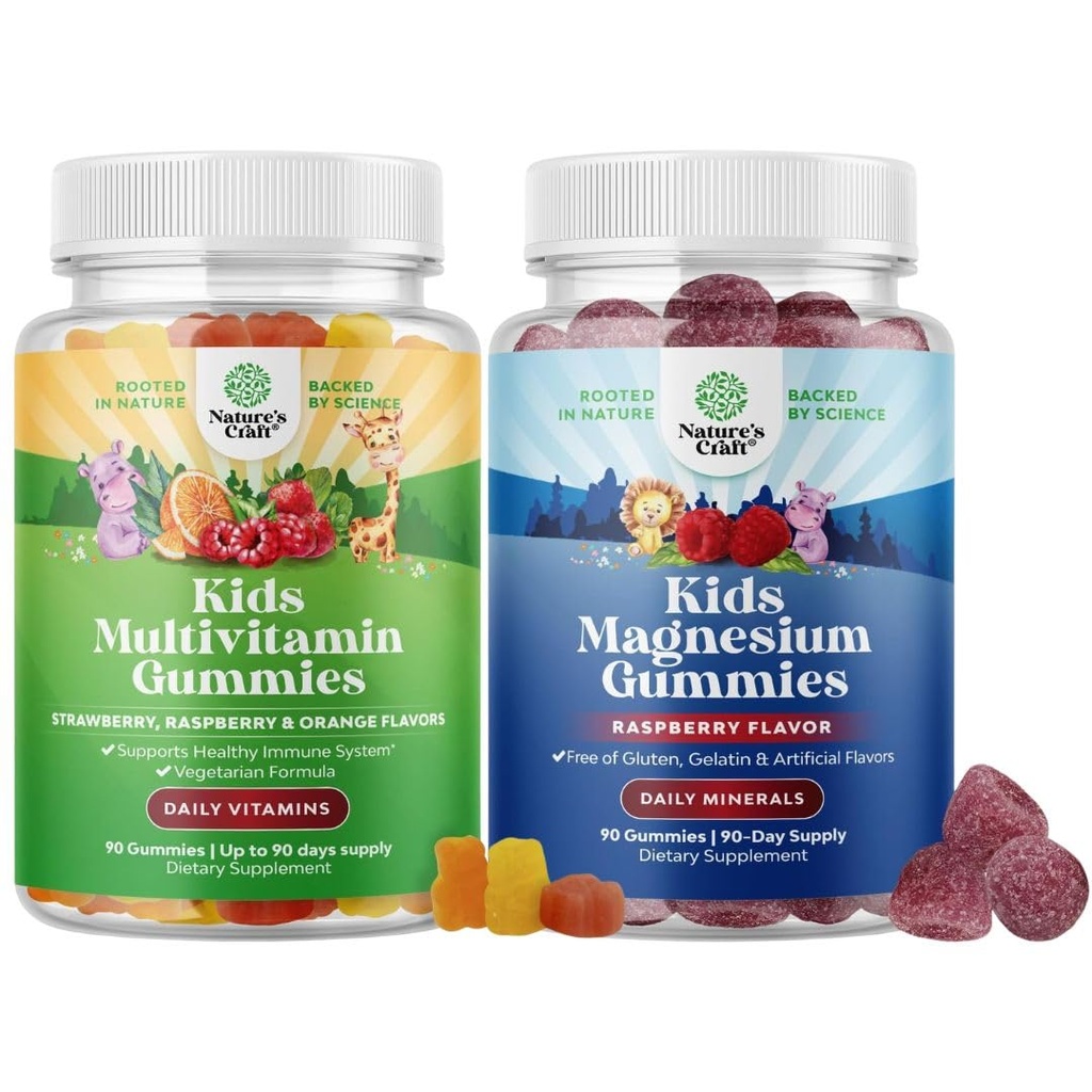 Bundle of Kids Multivitamin Gummies for Immunity Support med Vitaminer A C D3 E B og Zink og Kids Magnesium Gummies - rolig afspænding Mag Citrate med Raspberry Flavor til nerve & hjerte sundhed