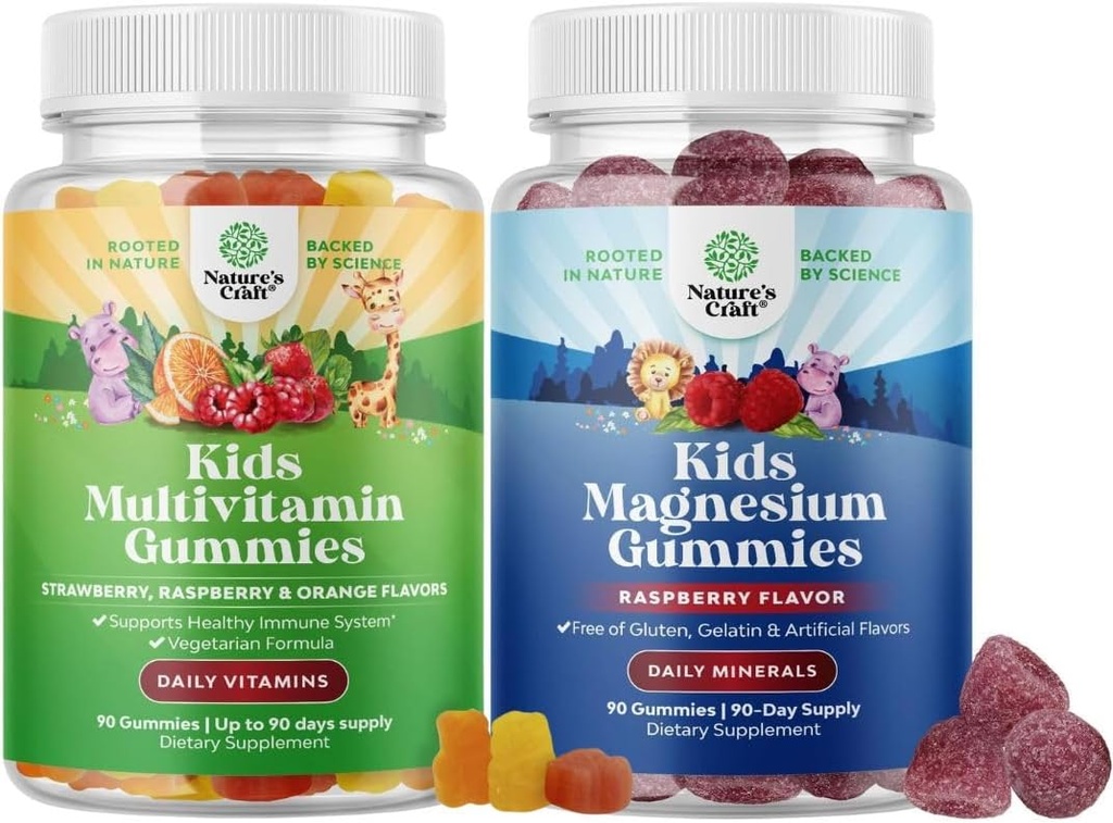 Bundle of Kids Multivitamin Gummies for Immunity Support med Vitaminer A C D3 E B og Zink og Kids Magnesium Gummies - rolig afspænding Mag Citrate med Raspberry Flavor til nerve & hjerte sundhed