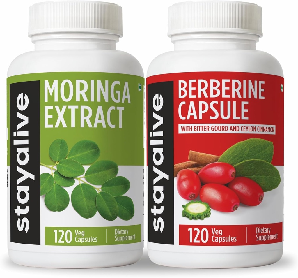 Stay ALIVE Moringa og Berberine Bundle med Ceylon Cinnamon og Bitter Gourd Extract, 240 Vegan piller, Non-GMO & Gluten Free Berberine HCL supplement