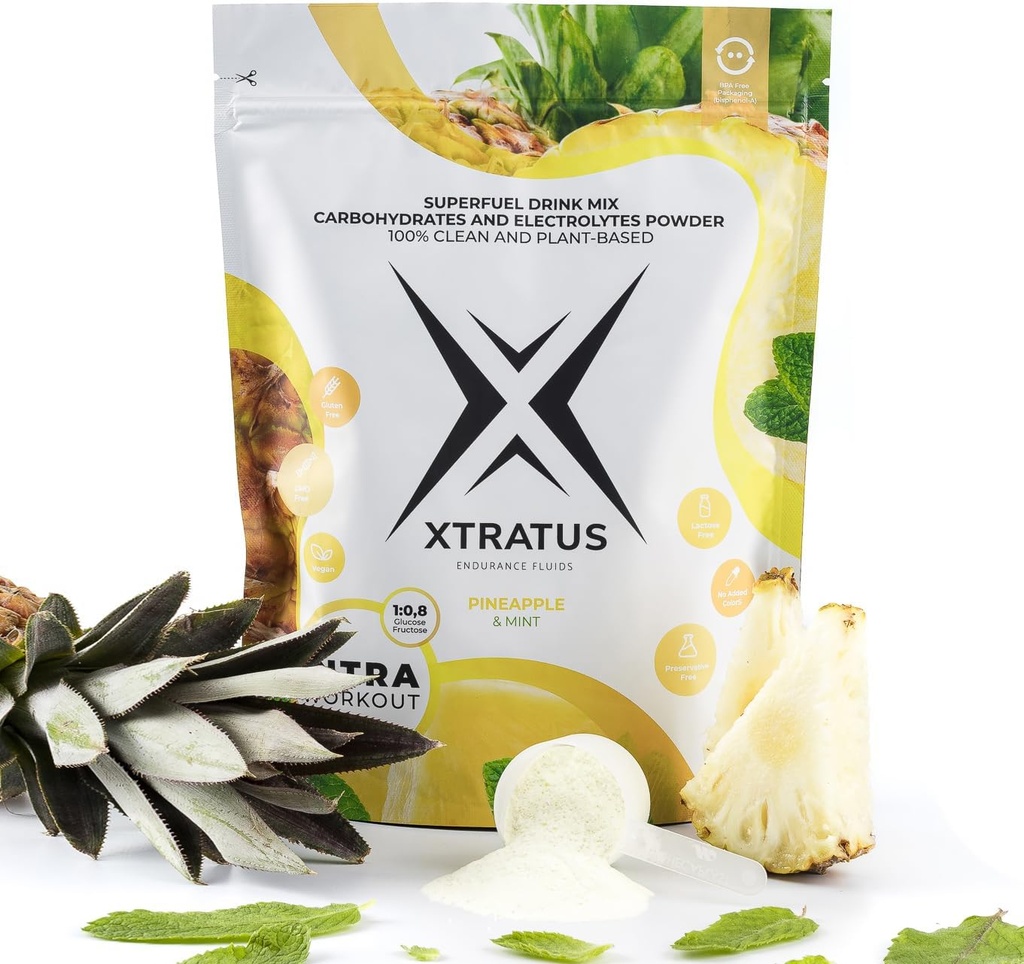 Ananas og Mint - Intra træning supplement med kulhydrater og elektrolyter. Super Fuel Drikke Mix. 1: 0,8 (Glucose: Fructose). Real Fruit, Vegan - 35,27 Oz.