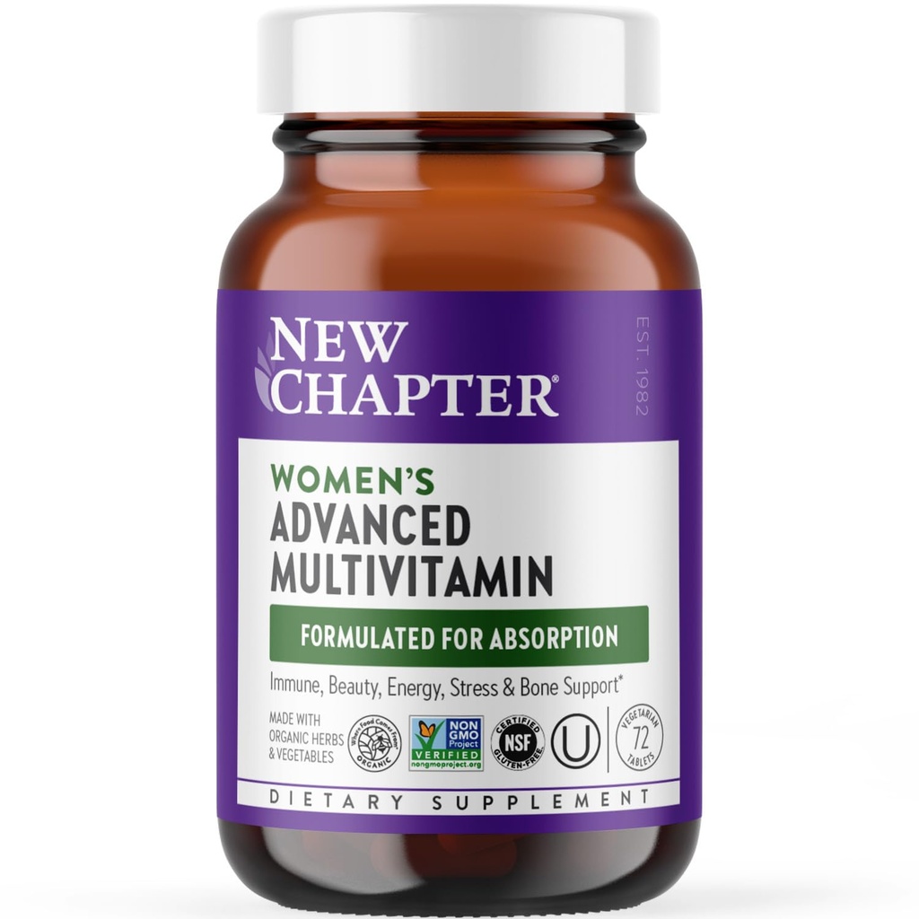 Nyt kapitel Kvindernes Multivitamin Advanced Formel for Stress, Knogler, Immun, Skønhed & Energistøtte, Højere niveauer af Whole- Food Gæret Essential Nutrients for Women + Iron + Vitamin D3, 72 Tæl