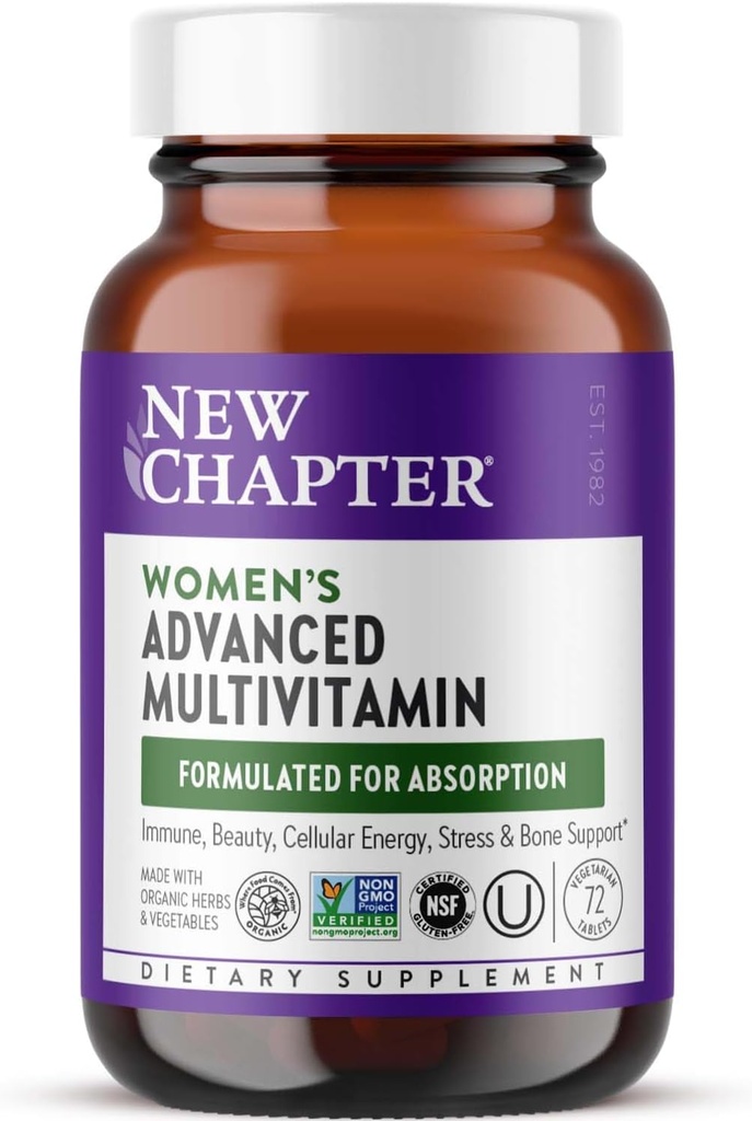 Nyt kapitel Kvindernes Multivitamin Advanced Formel for Stress, Knogler, Immun, Skønhed & Energistøtte, Højere niveauer af Whole- Food Gæret Essential Nutrients for Women + Iron + Vitamin D3, 72 Tæl