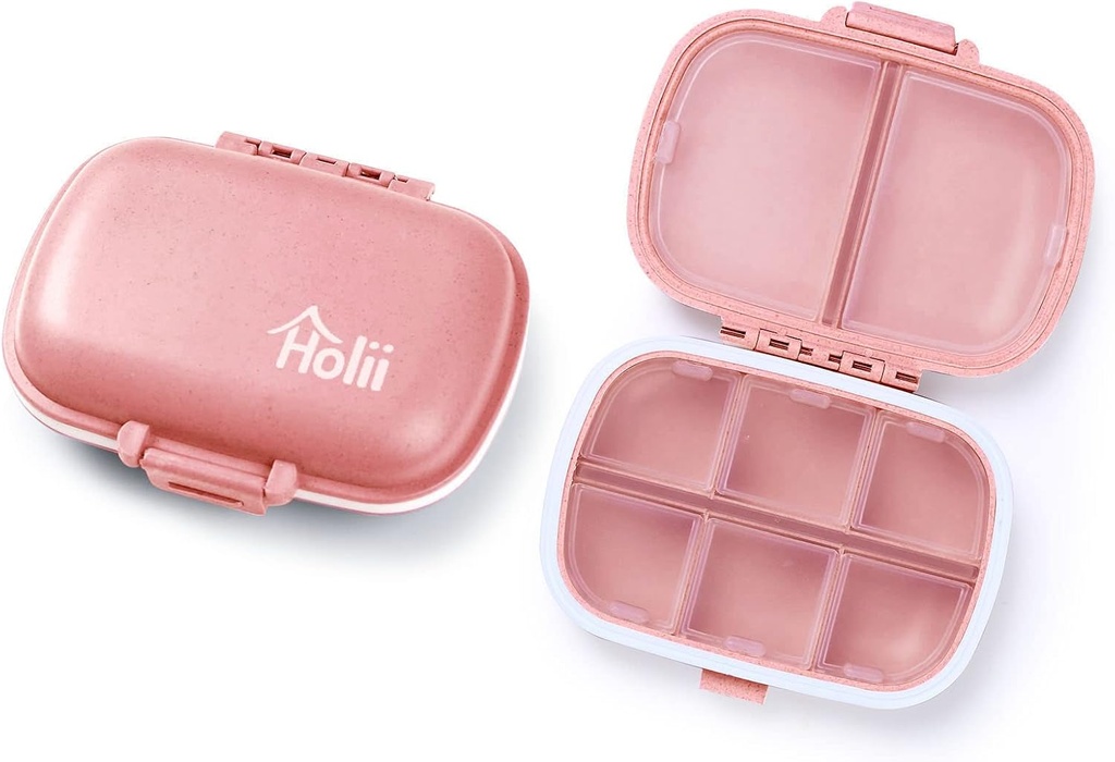 Holii 2PS 8 Compartments Travel Pill Organizer, Pocket Pharmacy for Purse Daily Pill Box Portable Medicine Organizer Vitamin Holder Container (Light Pink)