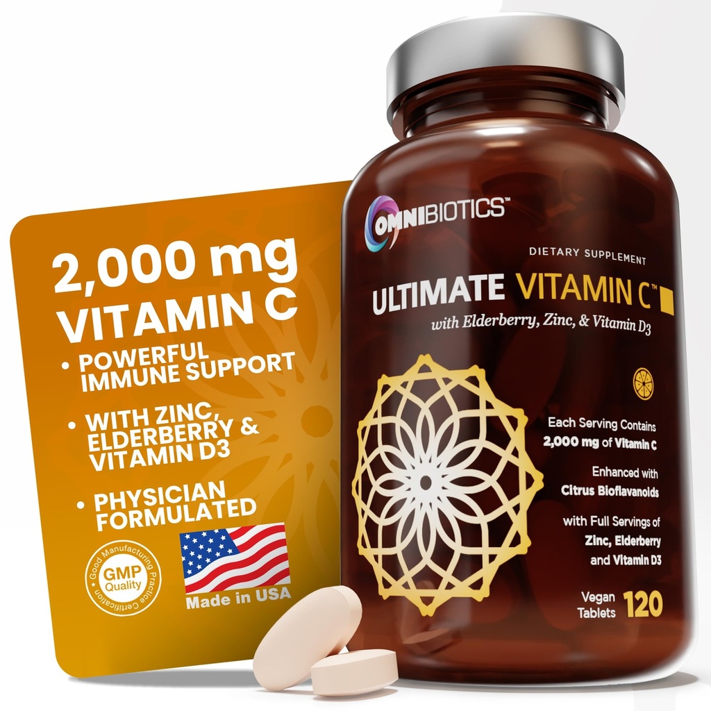 OmniBiotics Ultimate Vitamin C Supplement 2000mg - med zink, Elderberry Extract, og D3 - High Potence immunforsvar & Collagen Booster - 120 Vegan tabletter