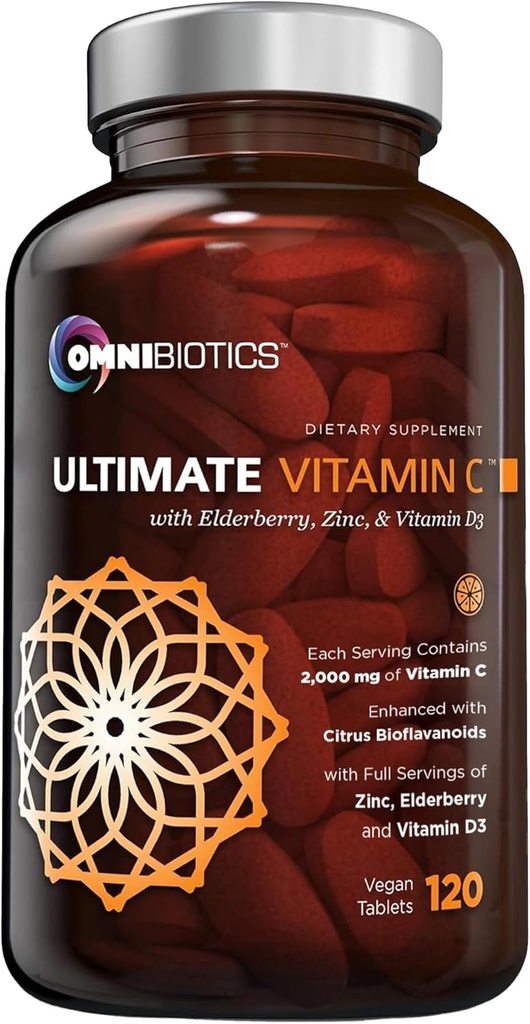 OmniBiotics Ultimate Vitamin C Supplement 2000mg - med zink, Elderberry Extract, og D3 - High Potence immunforsvar & Collagen Booster - 120 Vegan tabletter
