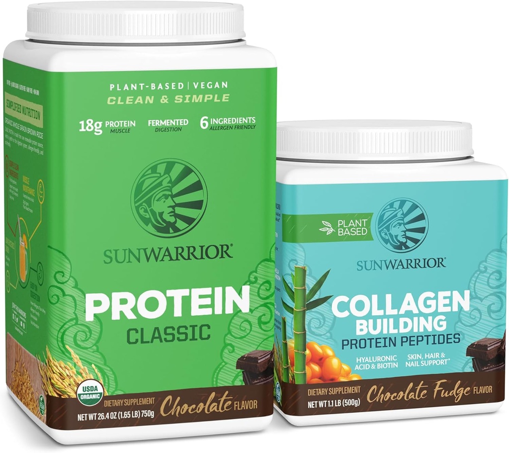Sunwarrior Classic Vegan Protein Powder 124; Plant- baseret 30 Serveringer, Chokolade & Collagen Building Powder Hyaluronic Acid Budding 124; 20 Serveringer, Chokolade Opretter