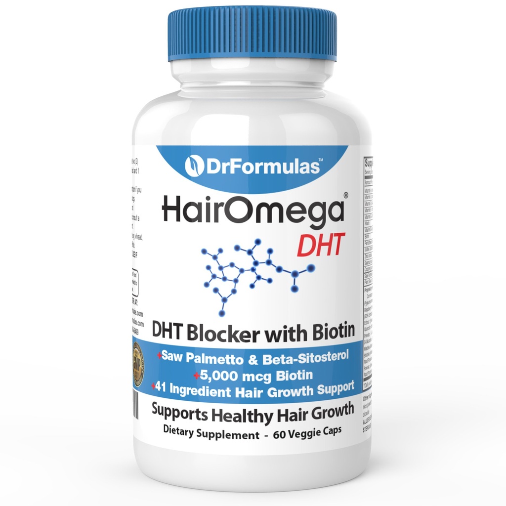DrFormulas HairOmega DHT Blocker Biotin 5000 mcg Vitamin til hårvækst Supplement 124; Hårtab piller til kvinder og mænd, 30 dages forsyning