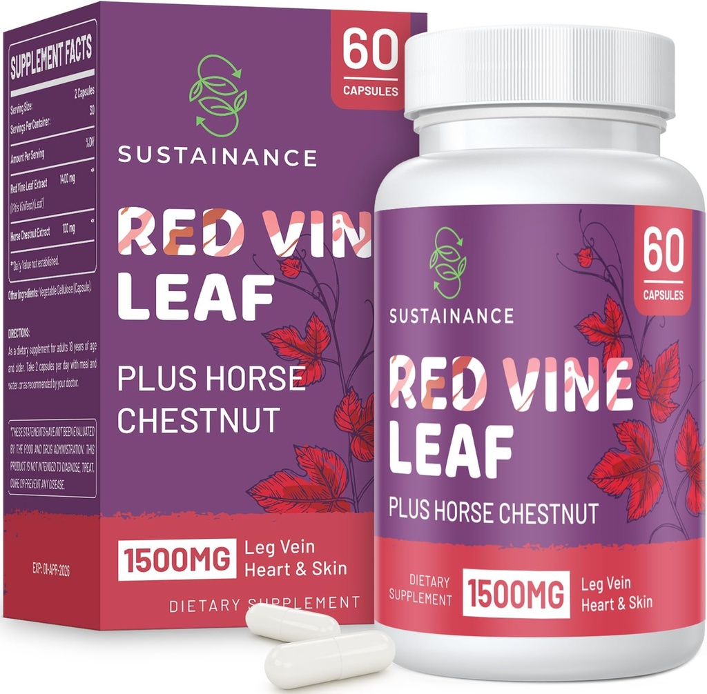 Red Vin Leaf Extract 1400mg & Horse Chestnut Extract 100mg Supplement Diet for Ben, Vein, Circulation, Heart, Hud (60 kapsler)