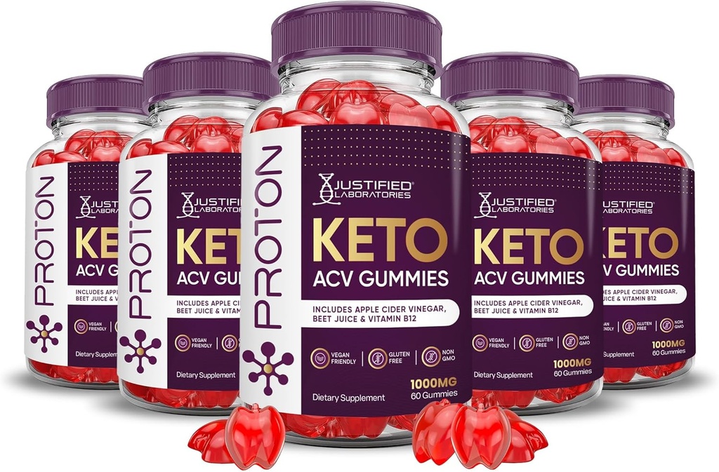 Justified Laboratories (5 Pack Proton Protein Keto ACV Gummies Advanced Formel 1000MG Proton Boost Formuleret med Pomegranate Beet Juice Powder B12 Vegan Non GMO 300 Gummys