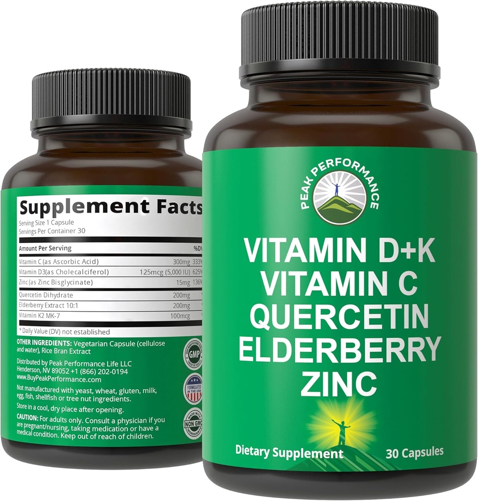 Immunstøtte supplement med 6 Top Ingredienser. D3 K2-vitamin C + hyldebær + zink + quercetin. Inkluderer 5000 IE vitamin D. Zink 15 mg. Immunitetskapsler. Tillæg til kvinder og mænd
