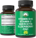 Immunstøtte supplement med 6 Top Ingredienser. D3 K2-vitamin C + hyldebær + zink + quercetin. Inkluderer 5000 IE vitamin D. Zink 15 mg. Immunitetskapsler. Tillæg til kvinder og mænd