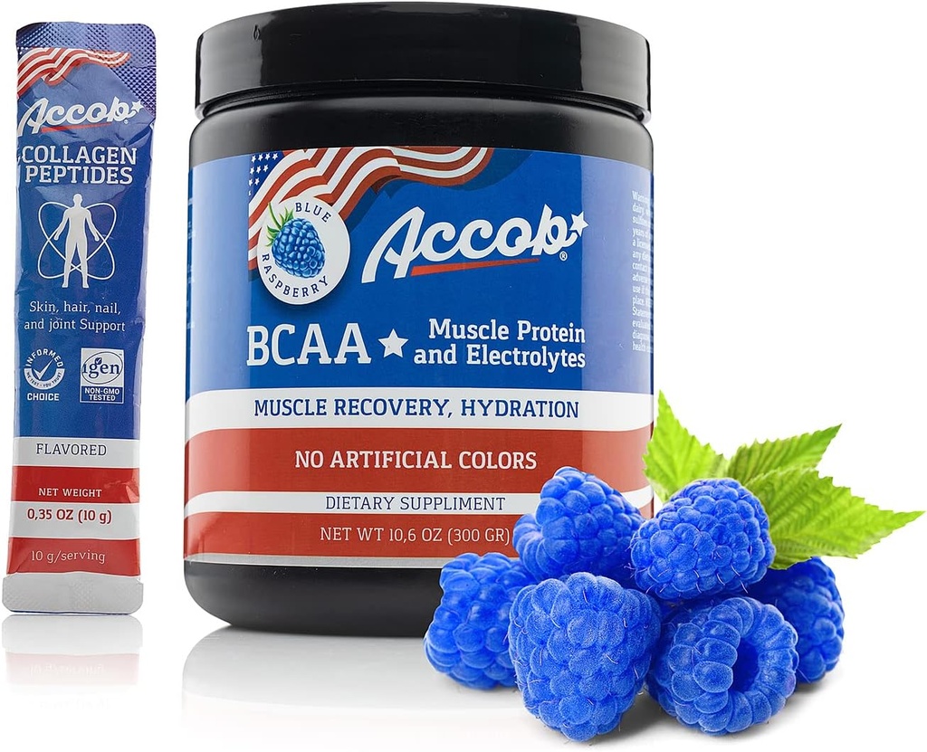 BCAA Powder Blue Raspberry- Pre eller Post Workout, Muscle Recovery Drink med Aminosyrer + Electrolytes, 7,2g BCCA for mænd og kvinder -30 Servering + 10g Collagen Peptider