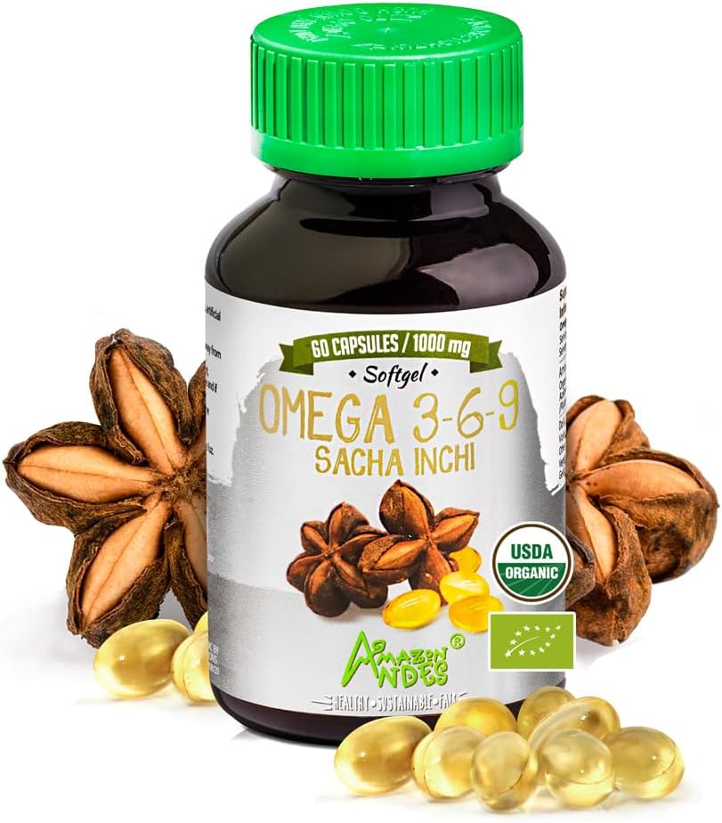 Andes Sacha Inchi Capsules (Plukenetia volubilis) - Kilde til Omega 3, 6, 9 med essentielle fedtsyrer - Odorless & bæredygtigt indkøbt - Brain Function Supporter - 60 Softgel piller (1000 mg)