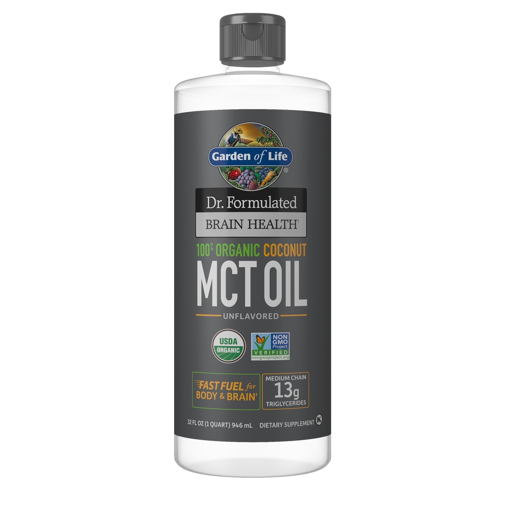 Livets have Dr. Formuleret Hjerne Sundhed 100% Organic Coconut MCT Oil 32 fl oz Unflavored, 13g MCTs, Body & Brain Fuel, Certified Non- GMO Vegan & Gluten Free, Hexane- Free