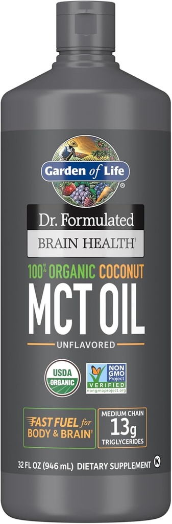 Livets have Dr. Formuleret Hjerne Sundhed 100% Organic Coconut MCT Oil 32 fl oz Unflavored, 13g MCTs, Body & Brain Fuel, Certified Non- GMO Vegan & Gluten Free, Hexane- Free