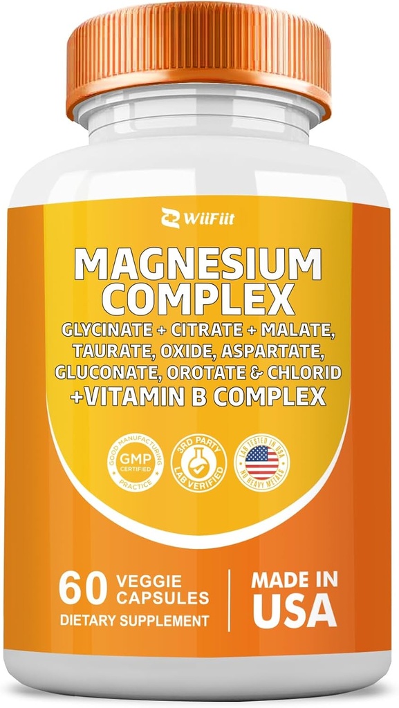 Magnesiumkompleks supplement, Clycinate 141mg oxide 228mg Malat 58.5mg Citrate 62.4mg med Oroter Glycina Taurate Chloride Aspartatgluconat Vitamin B, Mineraltilskud 60 Kapsler