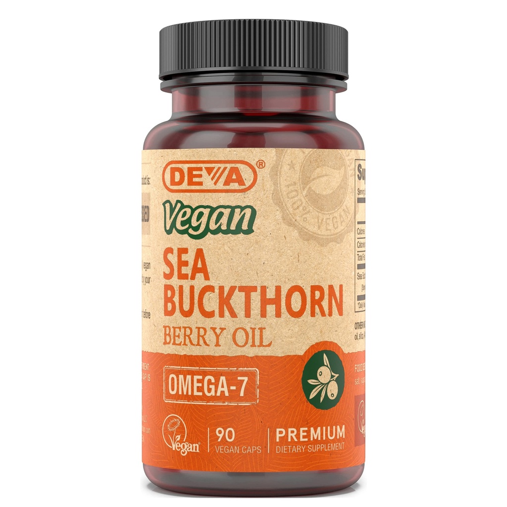 DEVA Vegan Sea Buckthorn, Berry Oil 500mg, Cold- presset, Uraffineret, Rich in Omega- 7, 90 Kapsler, 1- Pack