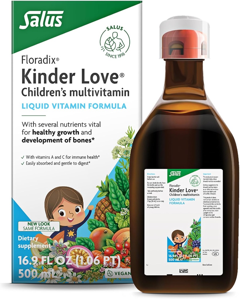 Floradix Kinder Love Children 's Multivitamin - Urtetilskud - Flydende Multivitamin til børn - Vitamin A, C, D & E, Calcium & Mere - Vegetarisk, Non- GMO, Gluten- Free - 16,9 fl oz