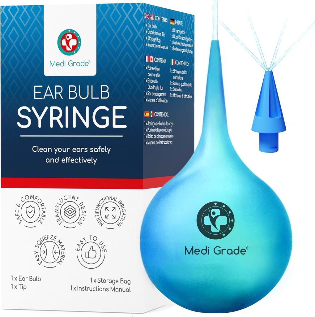 Medi Grade Ear Bulb Syringe - Effektiv Ear Wax Removal Tool med Add- on Quad- Stream Tip - Travel- Friendly Ear Rengøring Kit til Gentle Ear Rengøring - Ear Flusher til Ear Wax - 2.54 fl oz