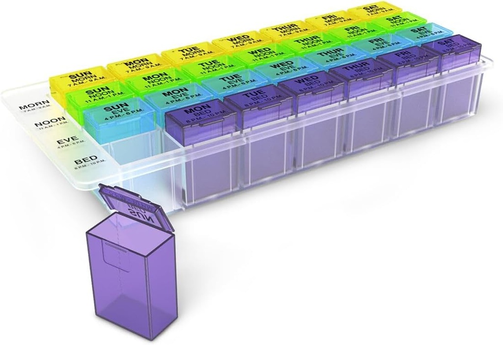 EZY DOSE Weekly (7-dag) Pill Case, Medicine Planner, Vitamin Organizer Box, Aftagelige kompartmenter, Let at bruge, Rainbow Farver, 4 gange om dagen, BPA gratis