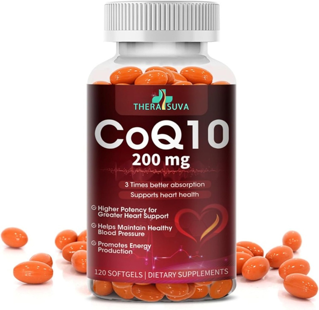 Høj- Absorption CoQ10 200 mg - Gluten- Free Softgels for Heart, Stamina & Brain Support - 60- Day Supply, 120 Count
