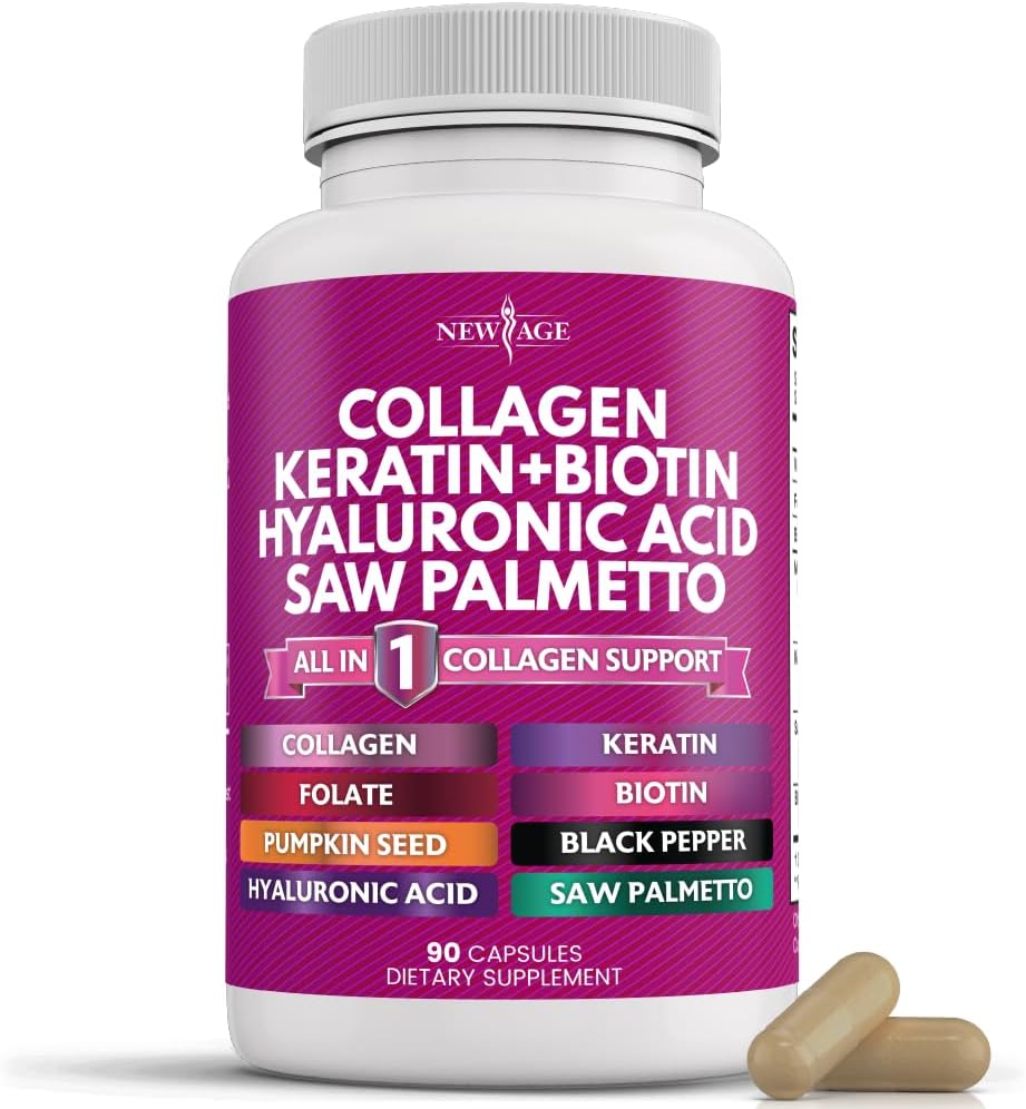 NY AGE Collagen piller Biotin Keratin Saw Palmetto Hyaluronic Acid - Hår hud og negle Vitaminer og DHT Blocker med vitamin E Folinsyre Pumpkin Seed MSM - 90 Greve