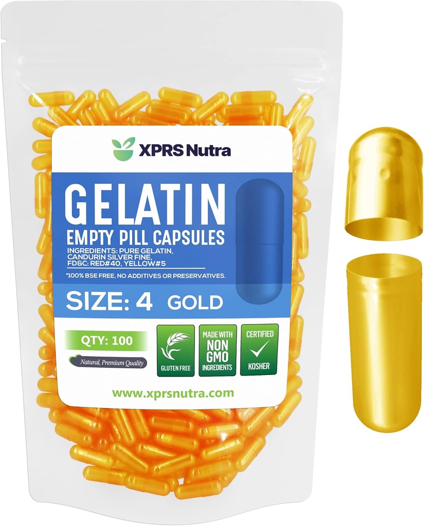 XPRS Nutra Størrelse 4 Tomme kapsler - 100 Tomme Tomme Gelatine kapsler - Piller selv Capsule Fyldning - Fyldelig Pure Bovin Pill Gel Caps til Do- It- Yourself Kosttilskud (Guld)