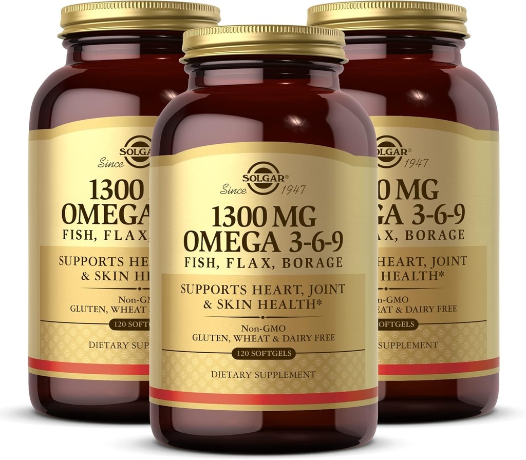 Solgar 1300 mg Omega 3- 6- 9, 120 Softgels (Pack of 3) - Fish Oil Supplement - Support for Joint & Skin Health - Inkluderer Flaxseed & Borage - Indeholder EPA & DHA Omega 3 Fedtsyrer - 120 Total Servering