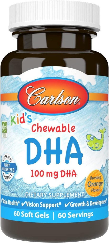Carlson - Kid 's Chewable DHA, 100 mg DHA, Brain & Vision Function, Growth & Development, Orange, 60 Chewable Softgels