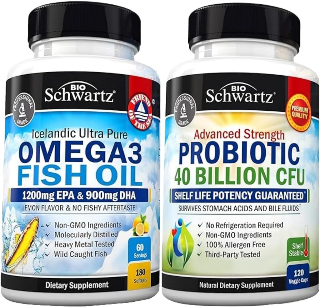 Triple Strength Omega 3 Fish Oil Softgels (2 Måned Supply) Plus 40 Millioner CFU Dagligt Probiotisk tillæg (2 Måned Supply)