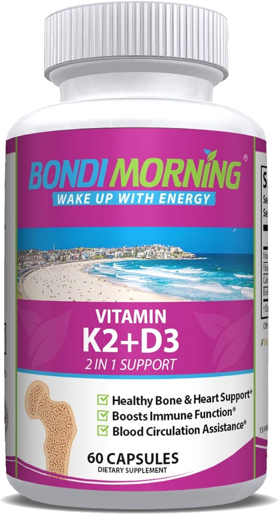 Vitamin K2 + D3 Supplement for ben & hjerte sundhed - høj potens D3 Vitamin & 100 mg Vitamin K2 (MK7) Kapsler til Optimal Calciumabsorption - 60 Veganske Kapsler