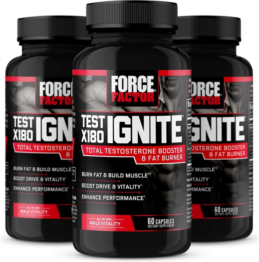 FORCE FACTOR Test X180 Tænding, Testosteron Booster & Fat Burner for mænd, Testosteron supplement til at hjælpe med at opbygge muskler, øge energi, og Boost Vitality og ydeevne, 60 Greve (pakke med 3)