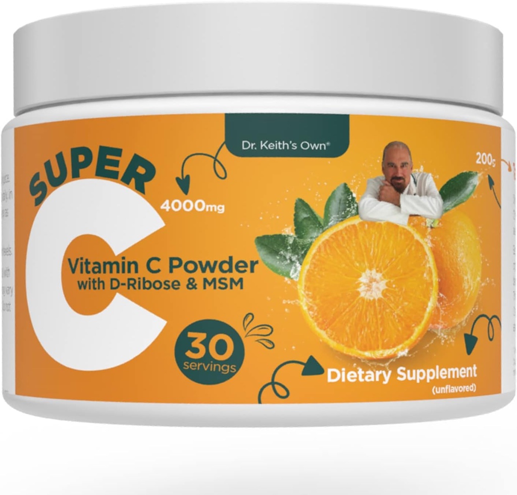 Keith 's own Super C- High Dosis Poweded Vitamin C 4000mg med D-Ribose, Glycine, MMM-Highly Absorbable, Stomach- Friendly, Collagen Boost, immunsupport- Unflavored, 200 Bedste (30 Servere)