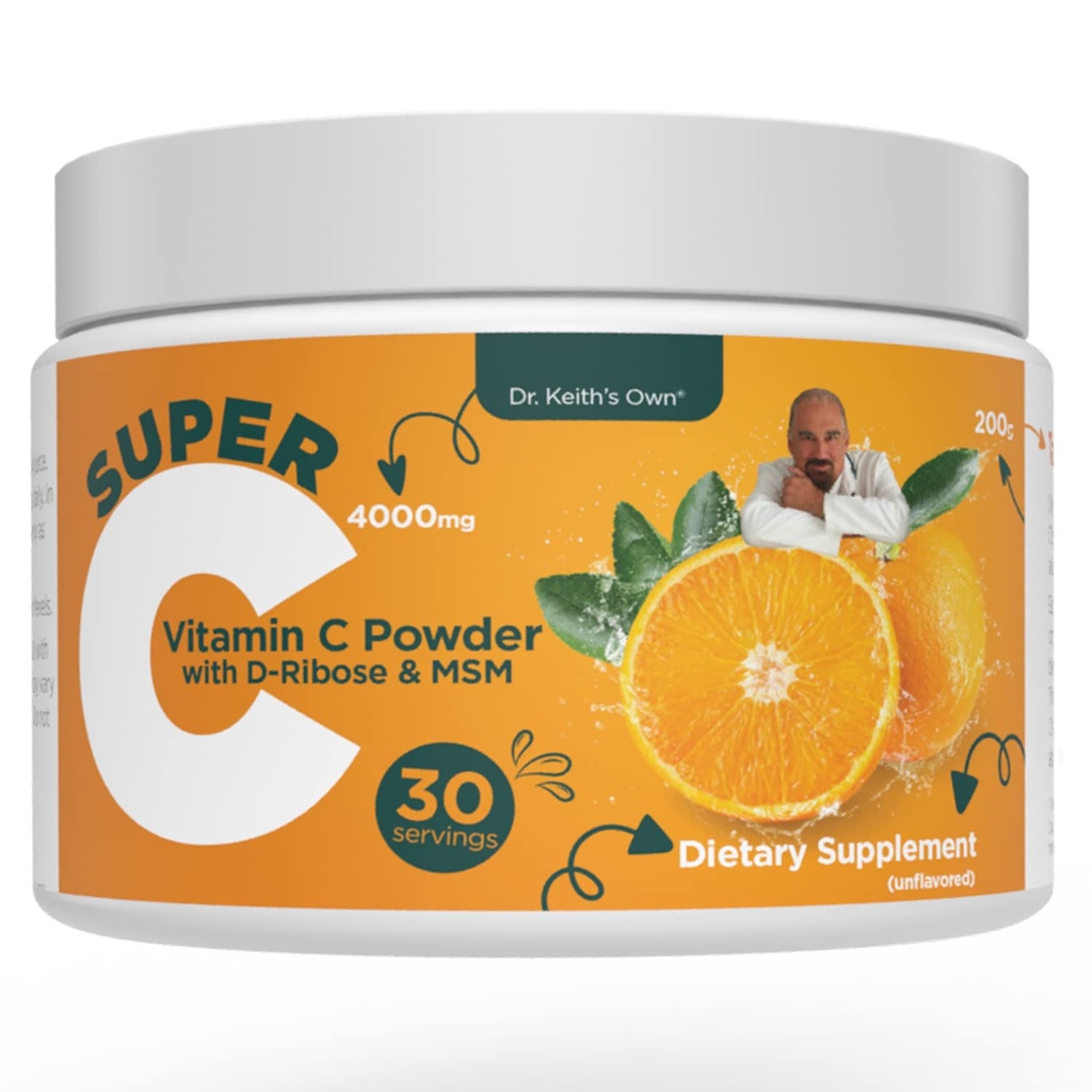 Keith 's own Super C- High Dosis Poweded Vitamin C 4000mg med D-Ribose, Glycine, MMM-Highly Absorbable, Stomach- Friendly, Collagen Boost, immunsupport- Unflavored, 200 Bedste (30 Servere)