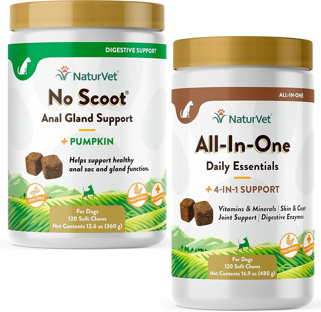 NaturVet All- in- One Dog Supplement - for fælles støtte, fordøjelse, hud, Coat Care - 120 bløde tygger & ingen Scoot for hunde - 120 bløde tykkere - Understøtter sund anal Gland & tarm funktion