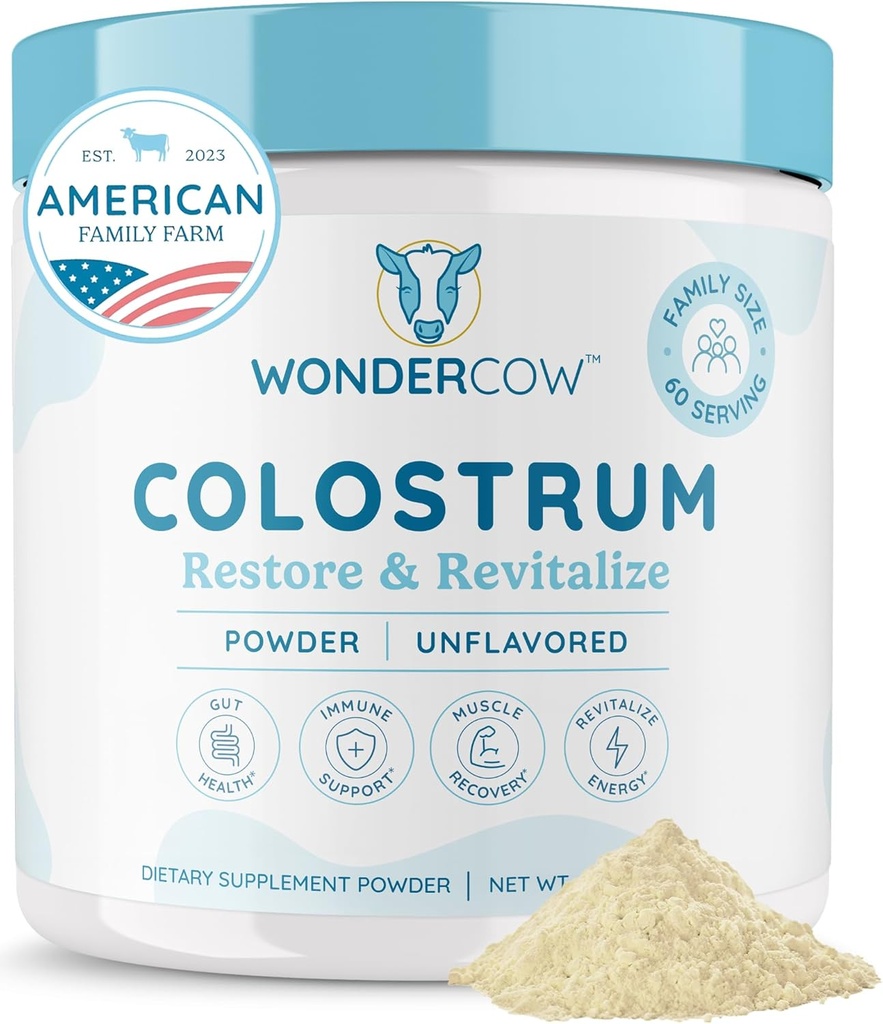 WONDERCOW Colostrum Supplement Pulver til Gut sundhed, immunforsvar, Muscle Recovery & Wellness; Natural IgG Pure Whole Bovine Colostrum Superfood, Unflavored, 60 Servere