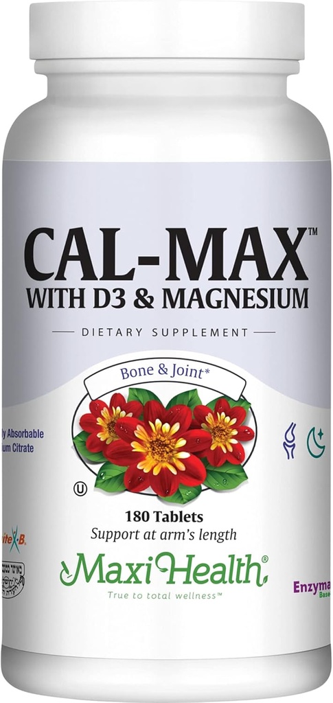 Maxi Health Calcium 1000 mg med D3- vitamin (400 IE) og Magnesium (750 mg) - Cal Max Kosttilskud til ben, tænder og fælles støtte - til mænd og kvinder - 180 tabletter