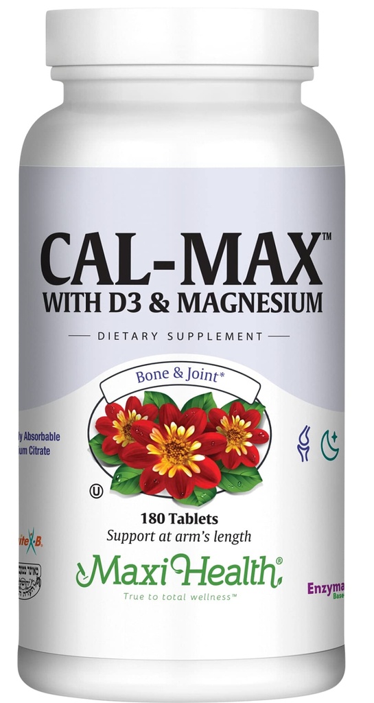 Maxi Health Calcium 1000 mg med D3- vitamin (400 IE) og Magnesium (750 mg) - Cal Max Kosttilskud til ben, tænder og fælles støtte - til mænd og kvinder - 180 tabletter