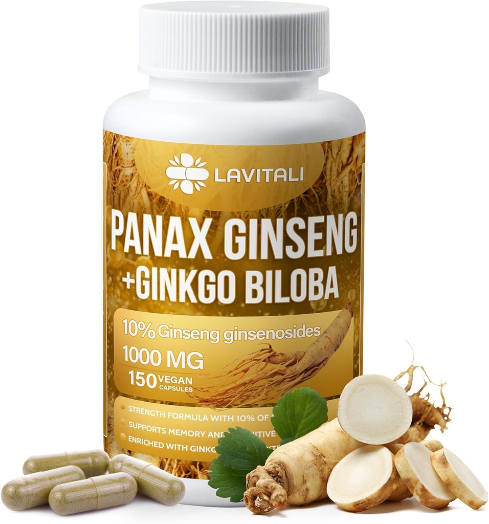 Ginseng & Ginkgo Biloba 150 Veggie Capsules, Energy Ginseng Root Extract Powder, med Ginkgo Biloba Extract, 100% Natural & Non- GMO, Vegan, Gluten Free, Dairy Free